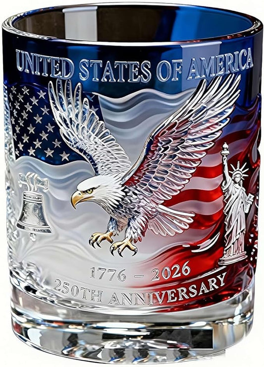 250th Anniversary American Heritage whiskey glasses and decanter set with 1776-2026 patriotic design for veterans and Father's Day