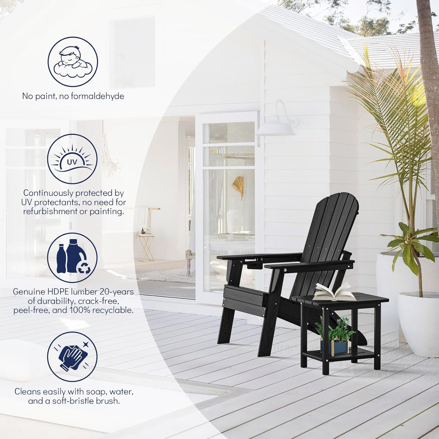 Plawdlik folding Adirondack chair set of 4 in black HDPE with wood texture finish and cup holders arranged on backyard patio