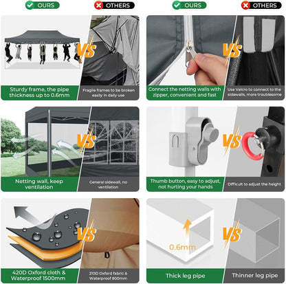 COBIZI 10x20 heavy duty gray pop up canopy tent with 6 mosquito netting sidewalls set up in backyard for outdoor party
