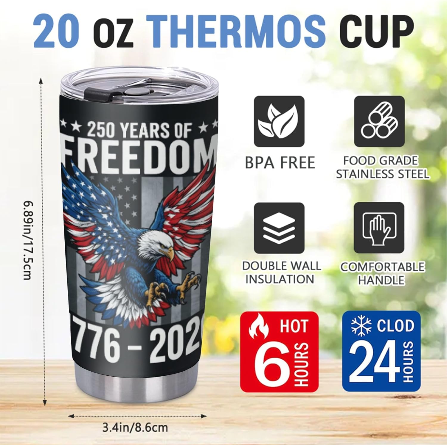 250th Anniversary patriotic 20oz insulated tumbler with lid featuring vintage eagle 1776-2026 freedom celebration design