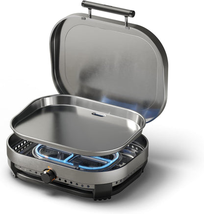 Solo Stove Steelfire 22 inch stainless steel propane griddle portable flat top outdoor grill on table
