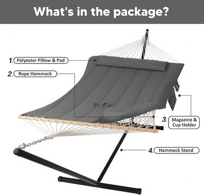 SUNCREAT double outdoor hammock in dark gray with quilted polyester pad and steel stand set up in backyard for two person lounging