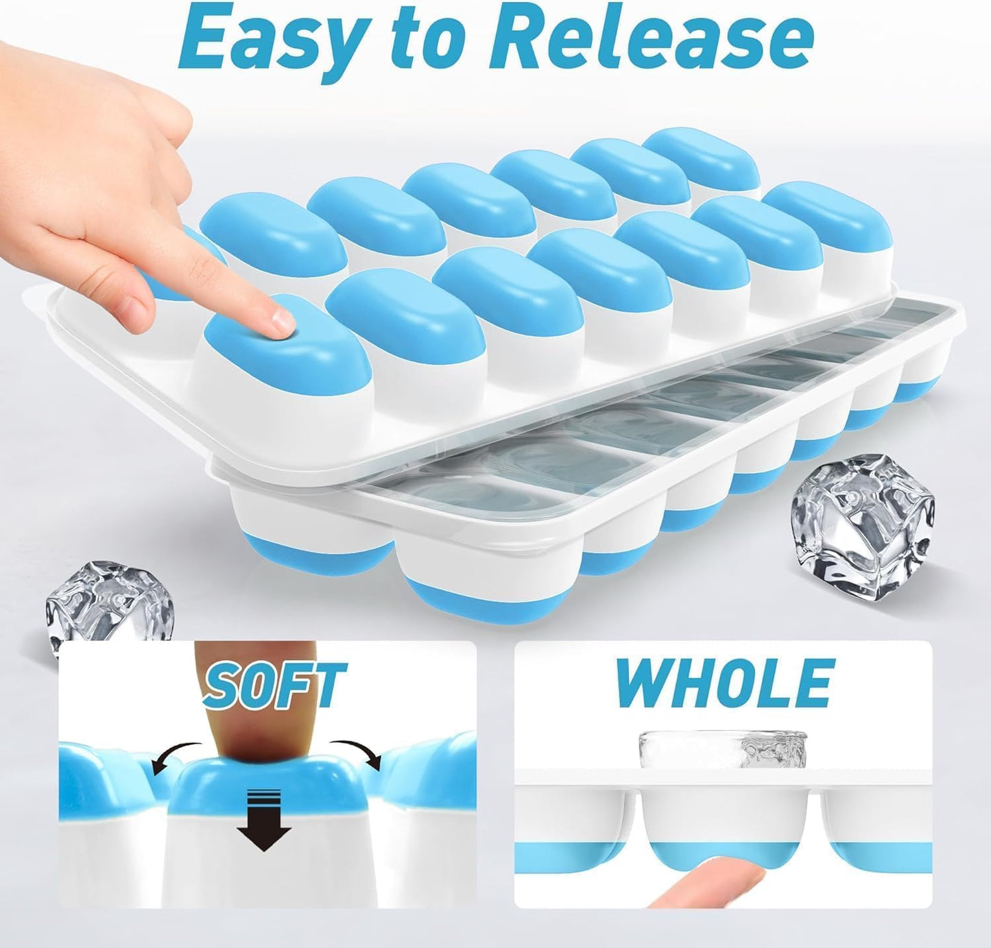 ChefAide Ice Cube Tray with Lid, 4 Packs 56 Cubes Durable Stackable Ice Cube Trays for Freezer with Removable Lids, Easy-Release Plastic & Silicone Ice Tray for Cocktail, Coffee