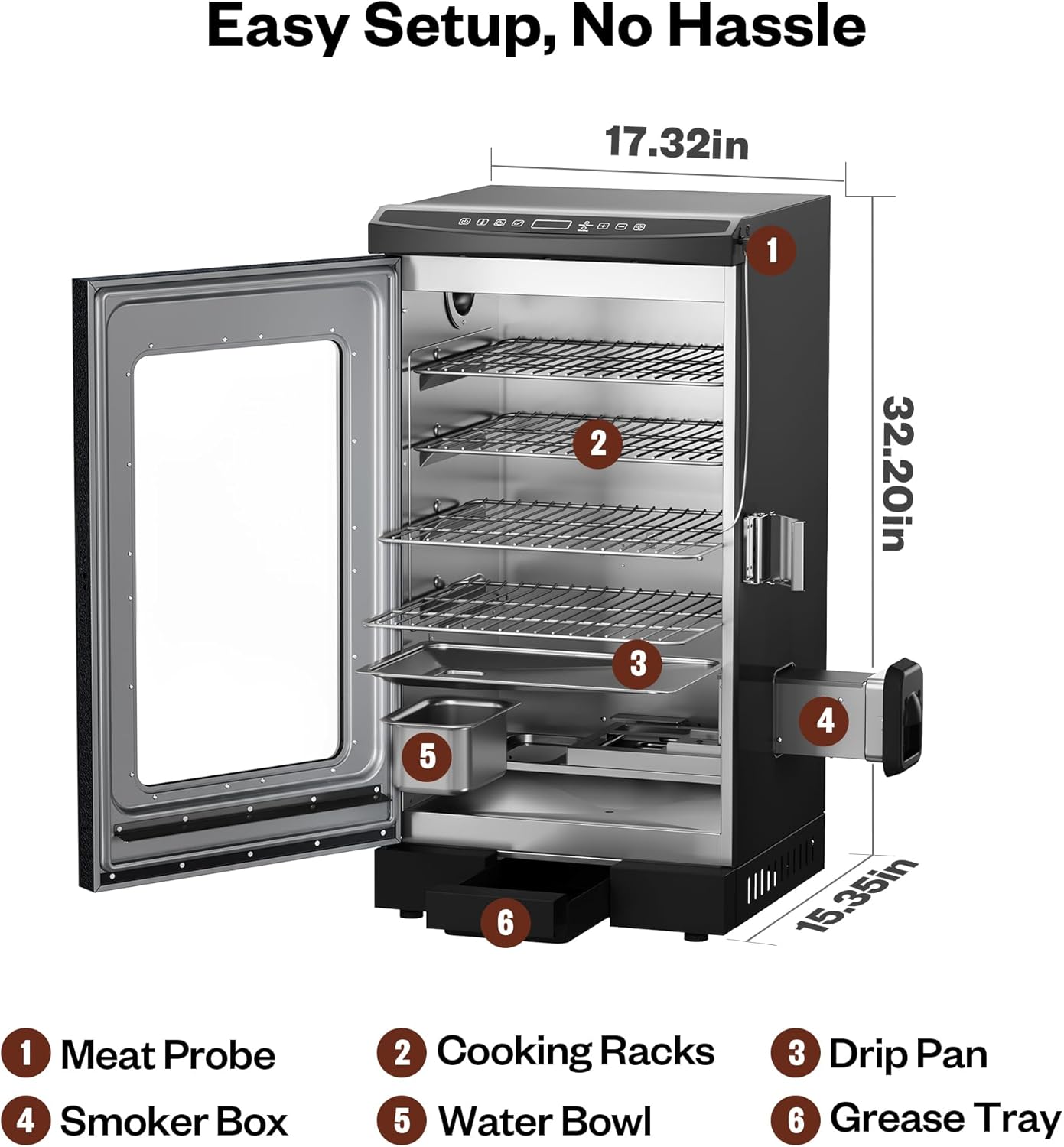 EAST OAK 30-inch electric smoker in mist silver with 725 square inch cooking area, built-in meat probe, and side chip loader for outdoor BBQ smoking