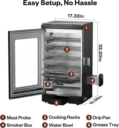EAST OAK 30-inch electric smoker in mist silver with 725 square inch cooking area, built-in meat probe, and side chip loader for outdoor BBQ smoking