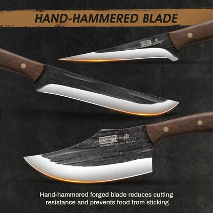 HOSHANHO hand forged butcher knife set with meat cleaver bone chopper and fillet knives in roll bag BBQ and camping gift for men