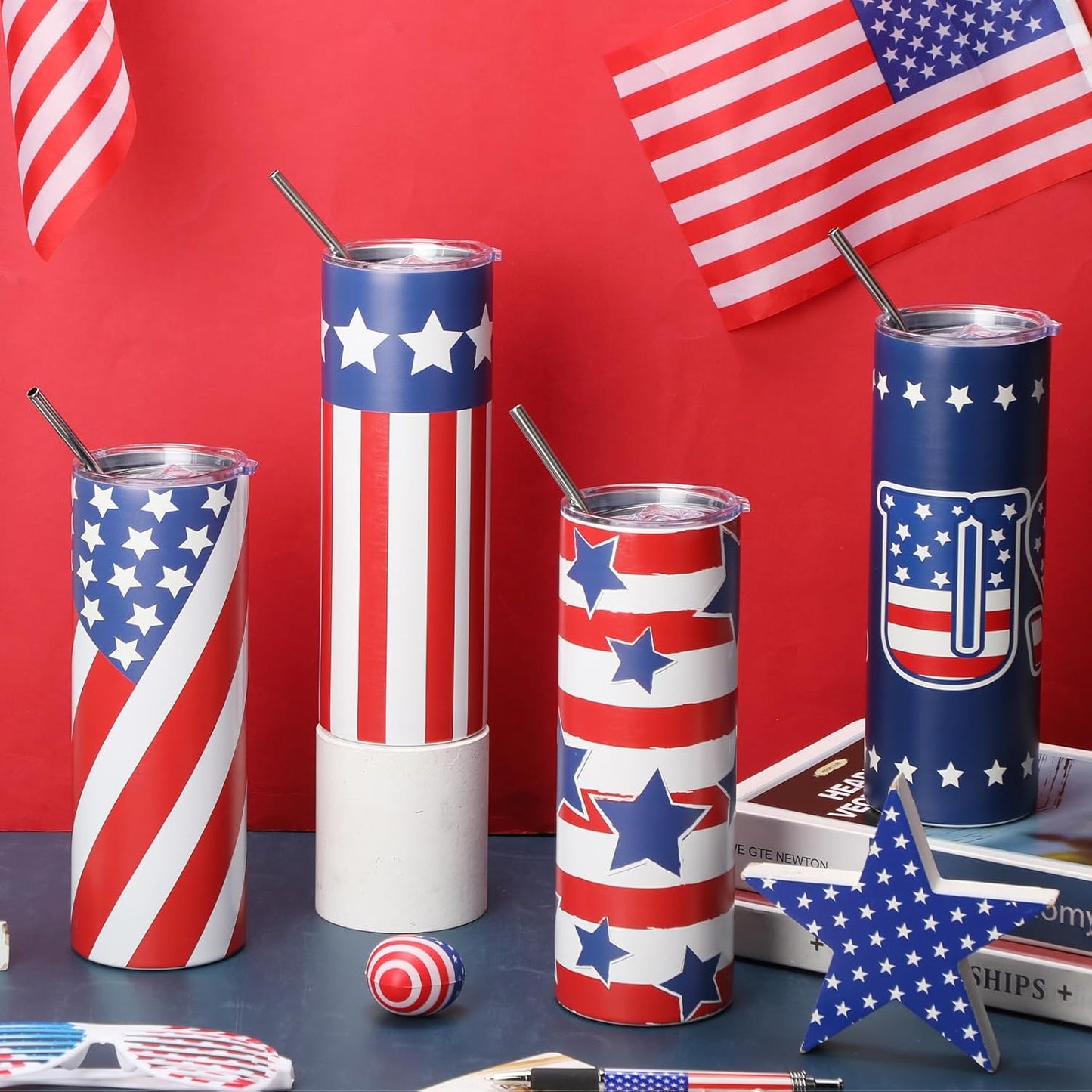 4 pack of 20oz American flag stainless steel insulated tumblers with lid straw and brush displayed as patriotic gifts for veterans and Father's Day