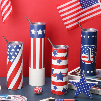 4 pack of 20oz American flag stainless steel insulated tumblers with lid straw and brush displayed as patriotic gifts for veterans and Father's Day