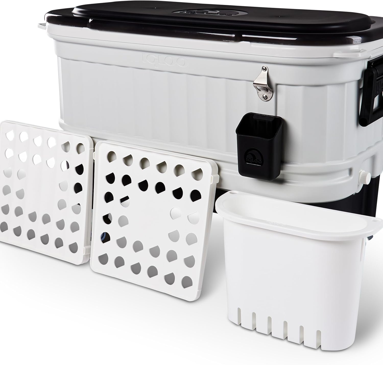 Igloo Party Bar 125 quart rolling hard cooler in gray with removable beverage tub lid, wheeled base, and stainless steel bottle opener for outdoor entertaining
