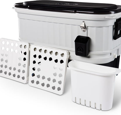 Igloo Party Bar 125 quart rolling hard cooler in gray with removable beverage tub lid, wheeled base, and stainless steel bottle opener for outdoor entertaining