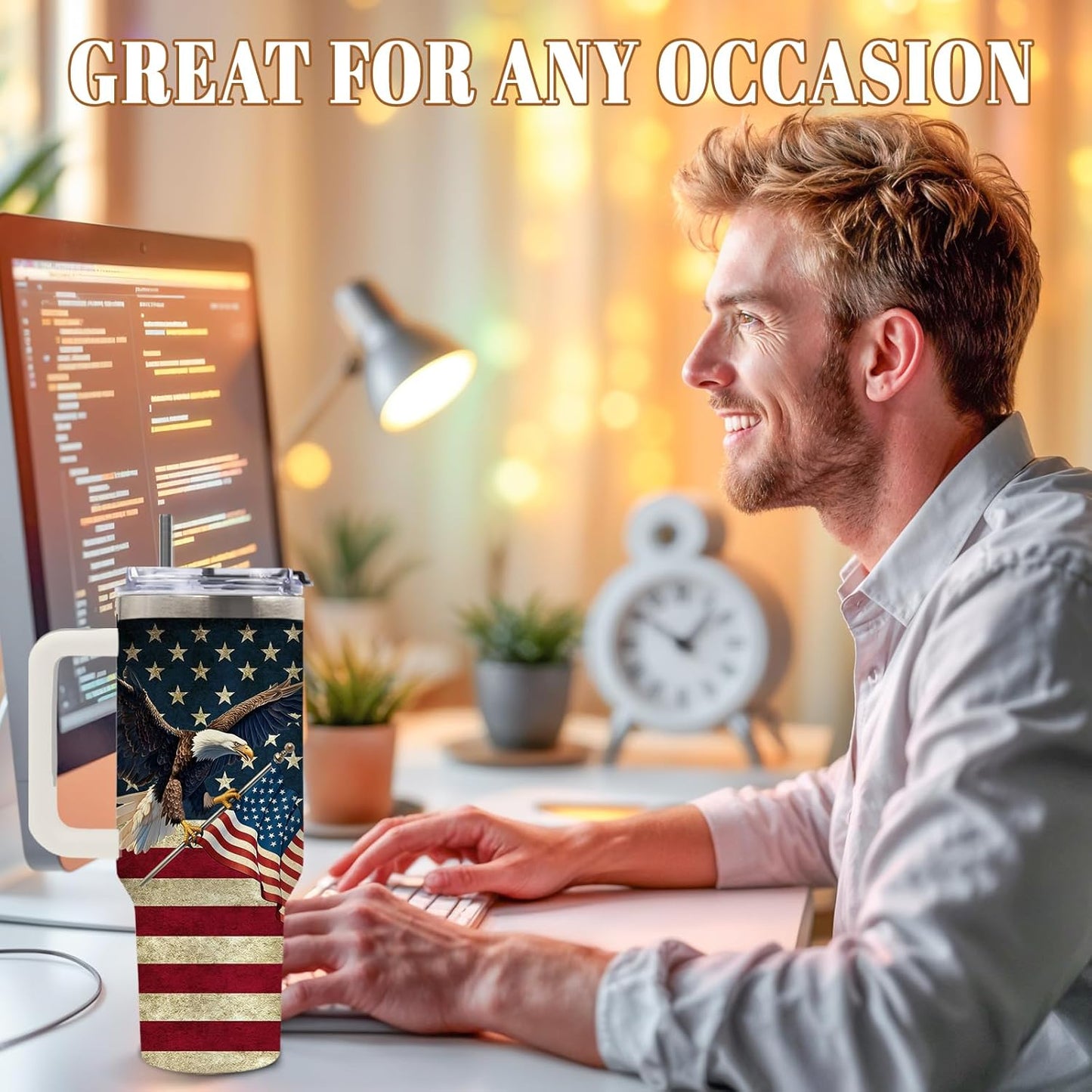 DUUV 40oz eagle American flag insulated tumbler in vintage patriotic design on a rustic outdoor background