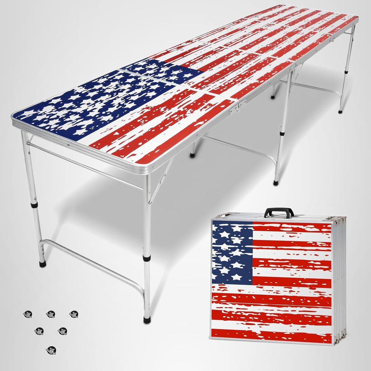 GoPong 8 foot portable beer pong and tailgate table in American Flag edition set up outdoors at a 4th of July backyard party