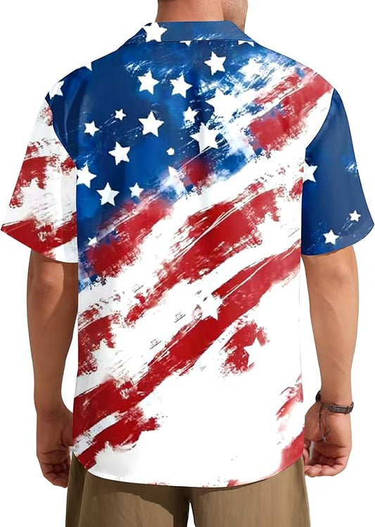 ELDPS men's American flag Hawaiian button down shirt in red white and blue patriotic design perfect for 4th of July and summer beach parties

