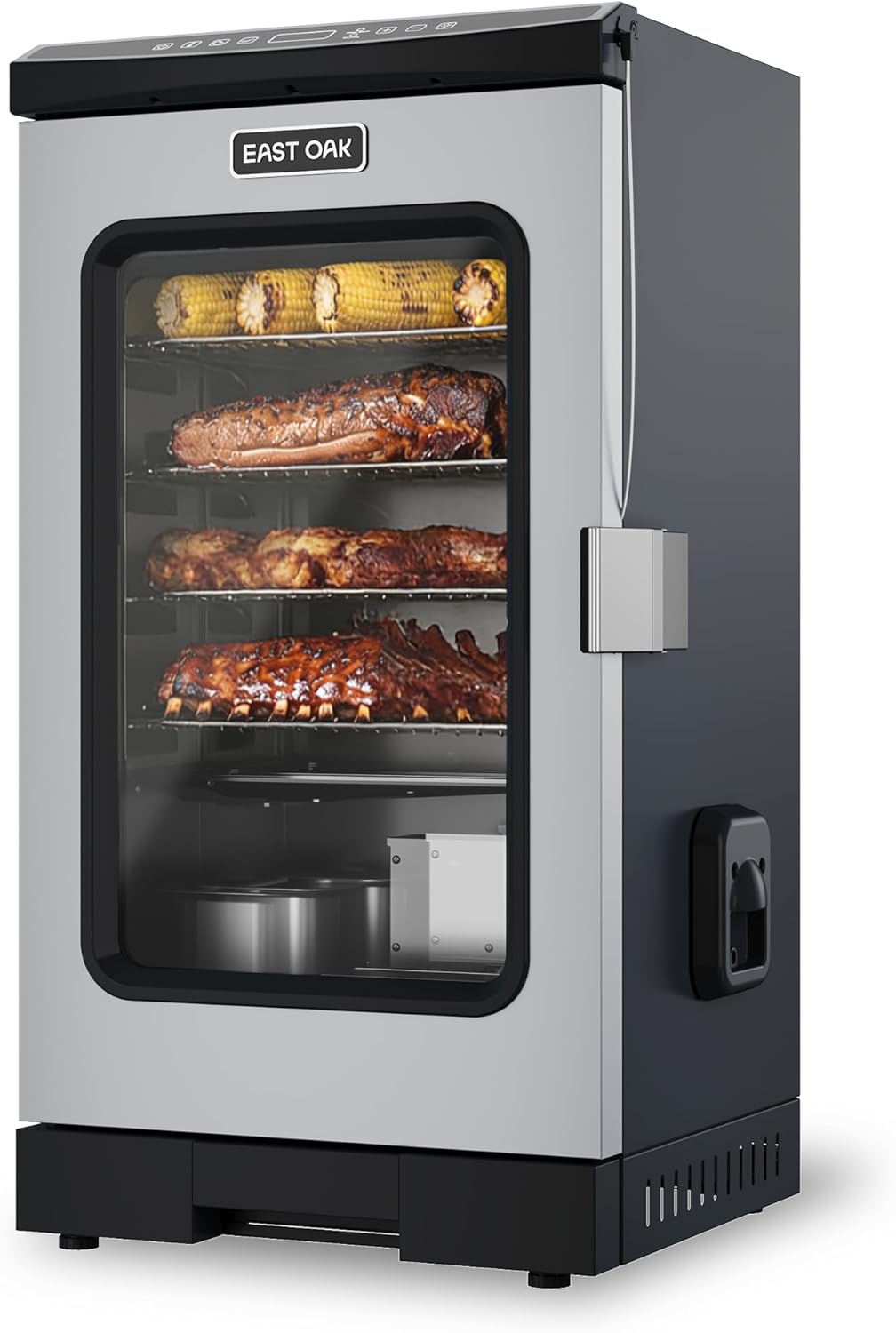 EAST OAK 30-inch electric smoker in mist silver with 725 square inch cooking area, built-in meat probe, and side chip loader for outdoor BBQ smoking