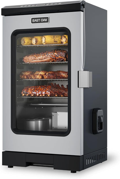 EAST OAK 30-inch electric smoker in mist silver with 725 square inch cooking area, built-in meat probe, and side chip loader for outdoor BBQ smoking