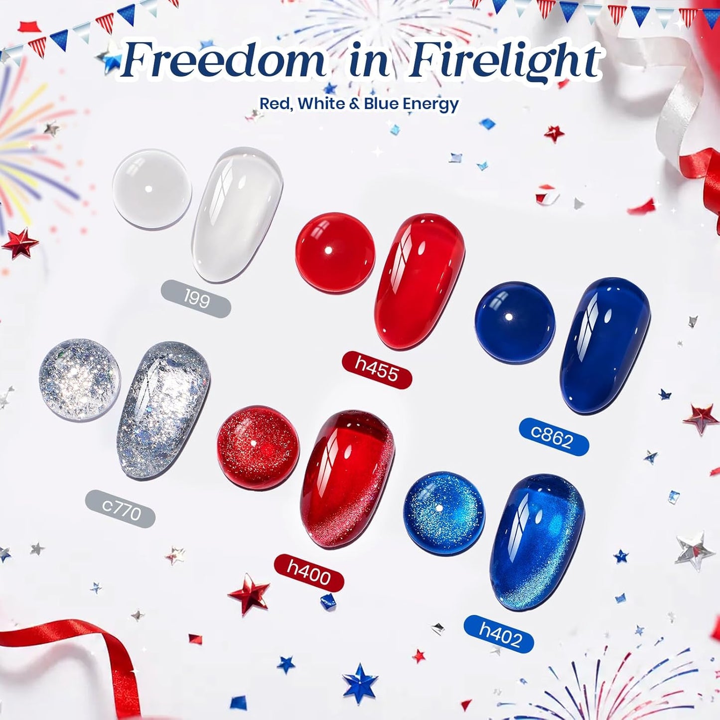Beetles 4th of July gel nail polish set with 6 red white and blue cat eye and glitter shades displayed with magnet and nail stickers as a patriotic DIY nail art gift for women