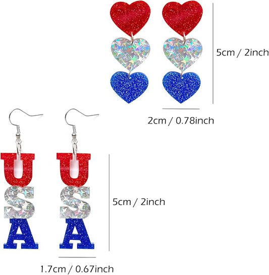Patriotic red white blue USA star glitter acrylic dangle drop earrings for women 4th of July