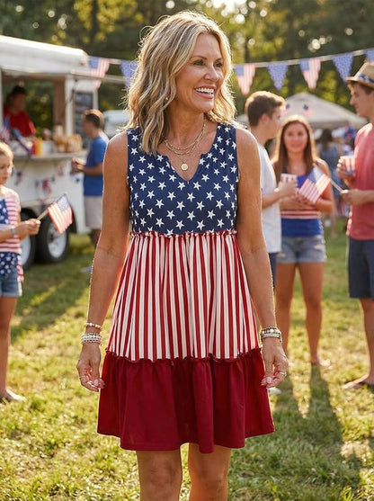 American Flag Star Vertical Striped Ruffled Mini Dress