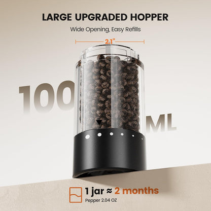 Electric Salt and Pepper Grinder Set - Rechargeable Automatic Salt and Pepper Shakers, Kitchen Appliances with External Adjustable Coarseness, Larger Hopper for Cooking, Home Gifts(2 Pack,Black/Black)