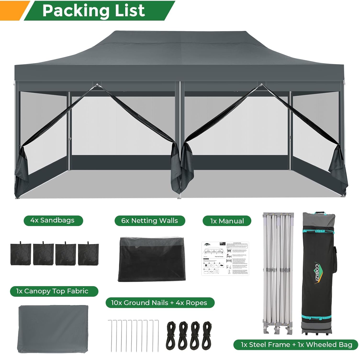 COBIZI 10x20 heavy duty gray pop up canopy tent with 6 mosquito netting sidewalls set up in backyard for outdoor party