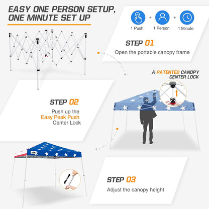 Eagle Peak 10x10 American Flag slant leg pop-up canopy tent set up outdoors with bold patriotic red white and blue design