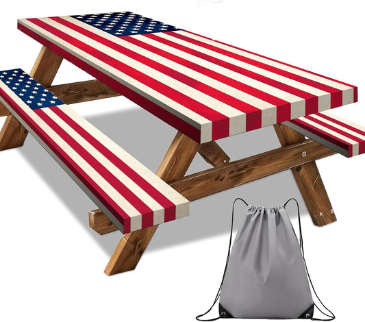 6 foot vintage American flag picnic table cover with bench covers set up outdoors for a 4th of July cookout