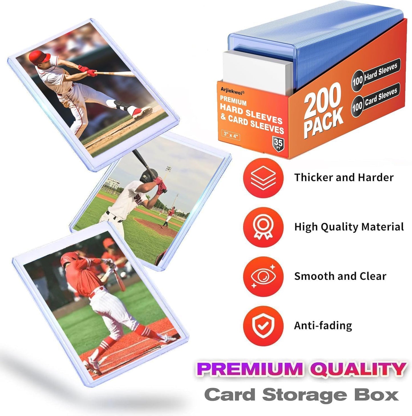 200 Card Sleeves Hard Plastic, Arjiekwei 3"X4" Baseball Cards Protectors Plastic, Premium Card Holder for Trading Sports Baseball Football Game Cards (100 Hard Sleeve + 100 Soft Sleeve)