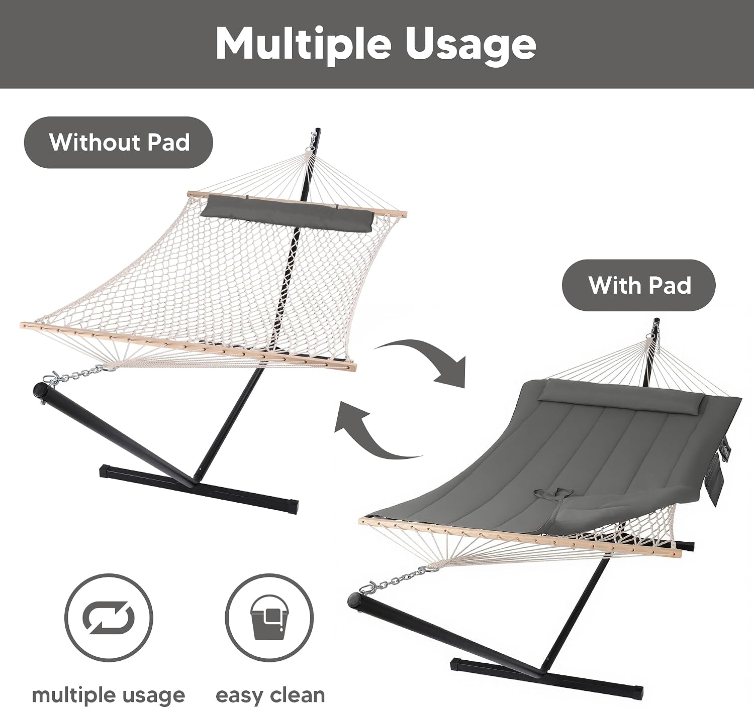 SUNCREAT double outdoor hammock in dark gray with quilted polyester pad and steel stand set up in backyard for two person lounging