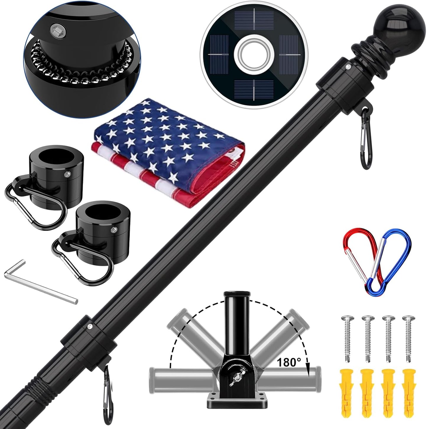 5 foot black stainless steel flag pole kit with solar light and embroidered American flag mounted on a residential home