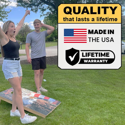 CornholeGamesUSA handmade regulation cornhole boards with eagle wood patriotic design, score tower and bean bags displayed outdoors