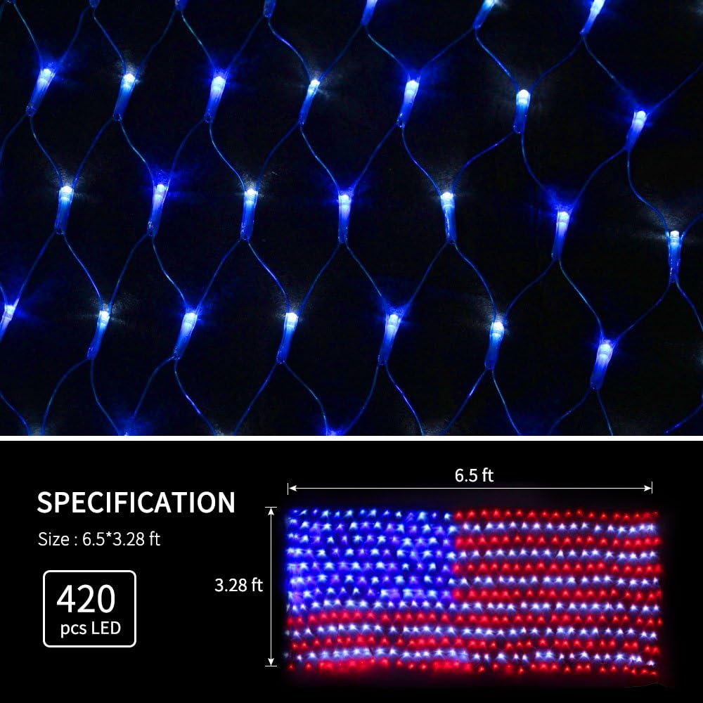 420 LED solar powered American flag string lights displayed on a yard fence for 4th of July decoration