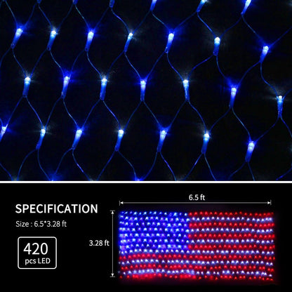 420 LED solar powered American flag string lights displayed on a yard fence for 4th of July decoration