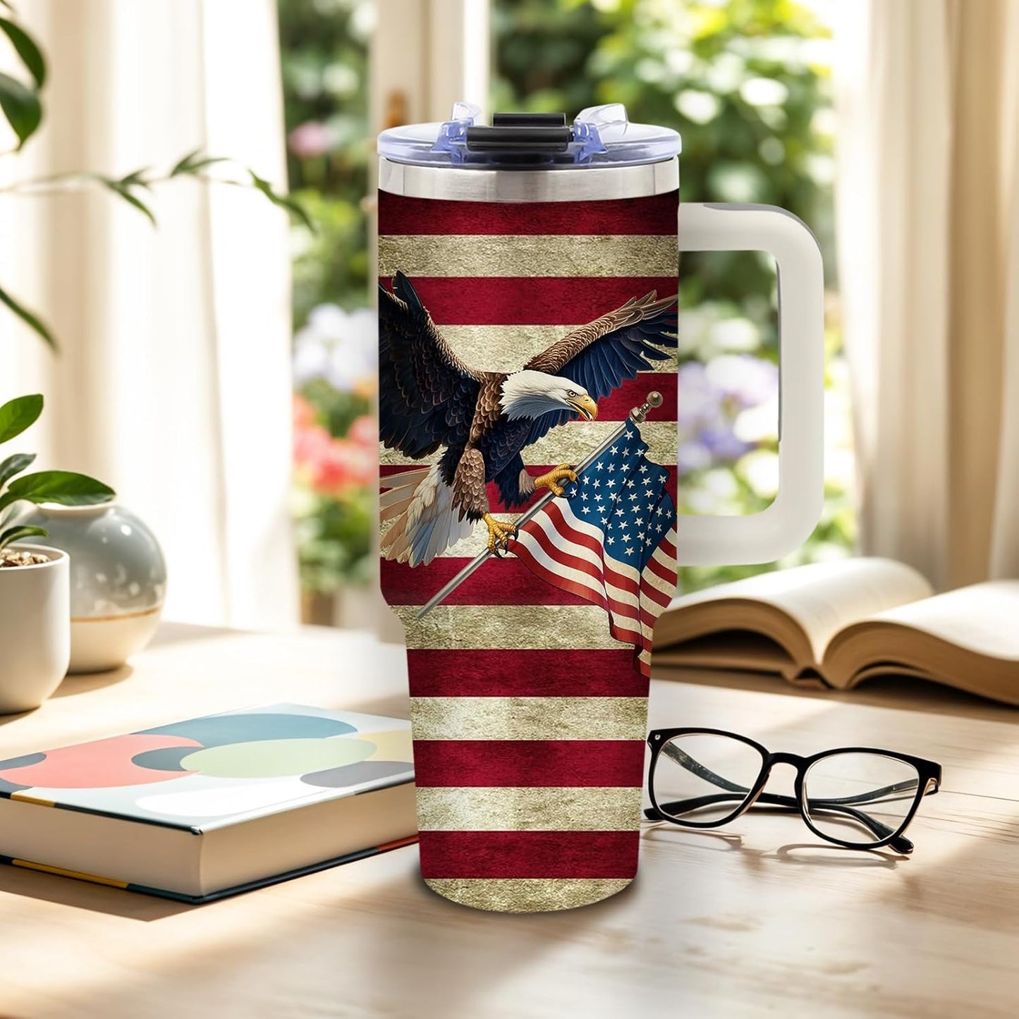 DUUV 40oz eagle American flag insulated tumbler in vintage patriotic design on a rustic outdoor background