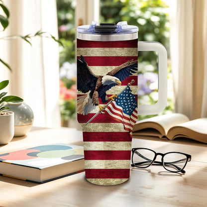 DUUV 40oz eagle American flag insulated tumbler in vintage patriotic design on a rustic outdoor background
