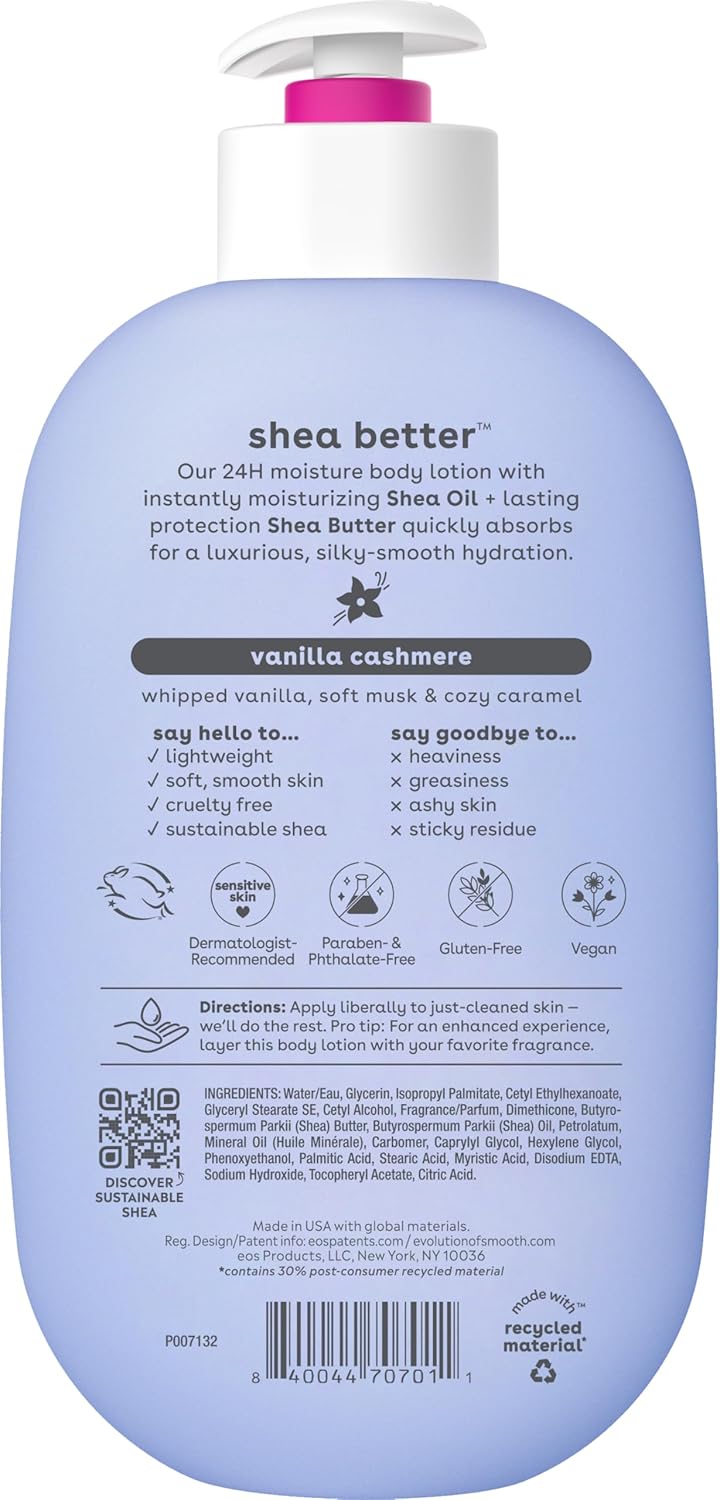 eos Shea Better Body Lotion – Vanilla Cashmere 24-Hour Moisture for Women | Natural Shea | 16 fl oz