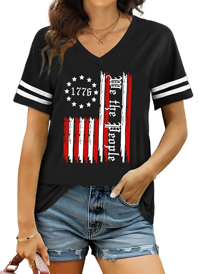 Women's American flag patriotic V-neck short sleeve t-shirt for 4th of July