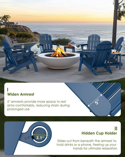 Set of 2 blue folding HDPE Adirondack chairs with cup holders for fire pit deck patio and outdoor use