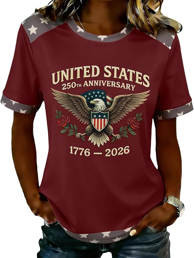 Women's 250th Anniversary patriotic eagle flag print t-shirt 1776-2026 Independence Day tee
