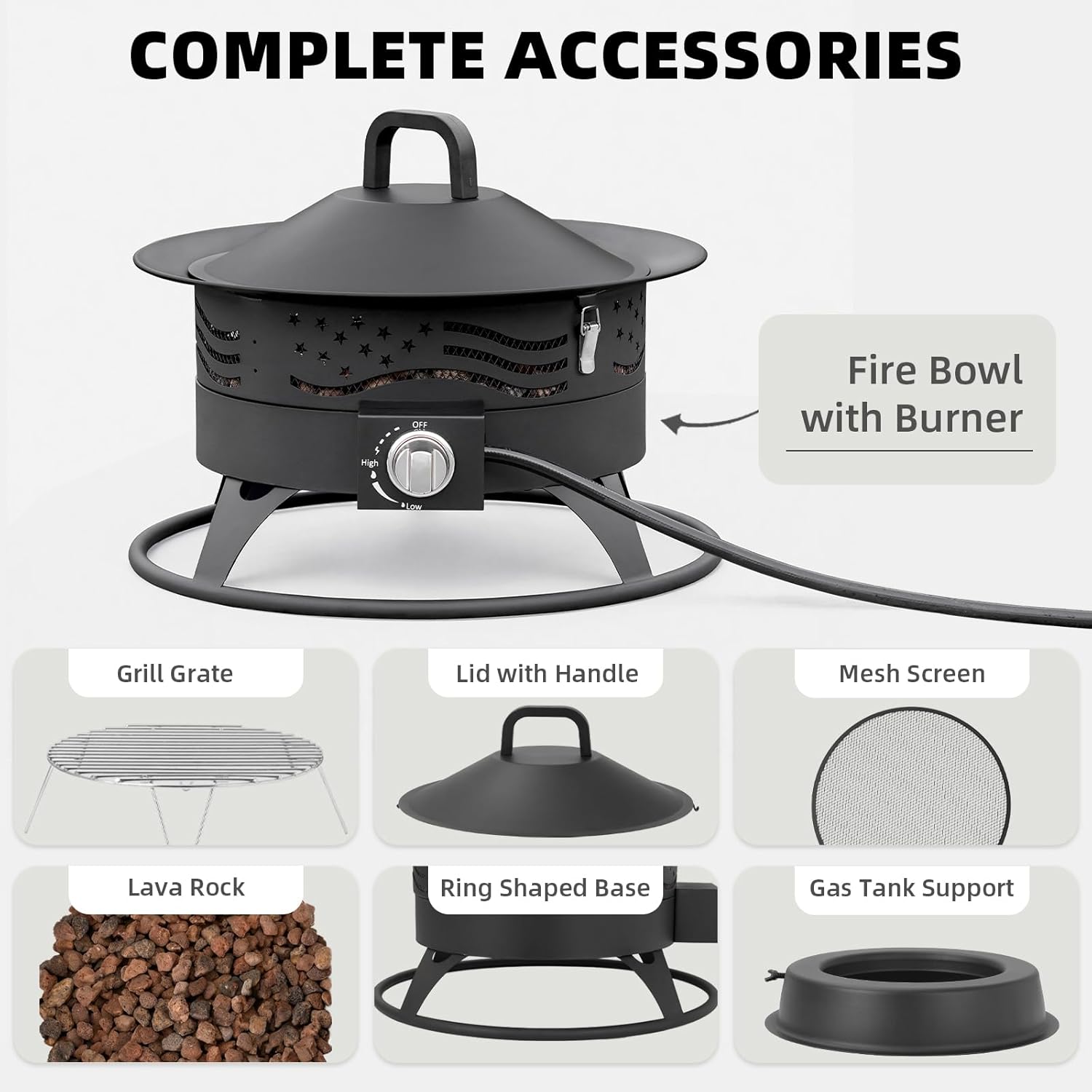  Black 20-inch round portable propane fire pit with grill grate and lava rocks glowing on a backyard patio at night