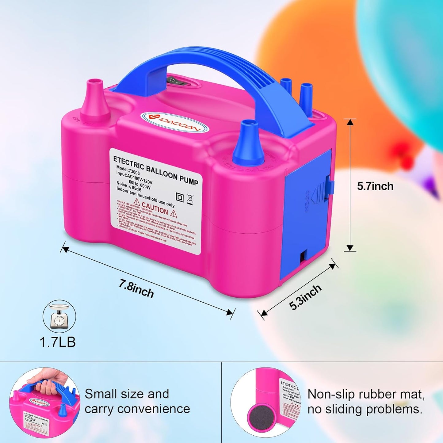 IDAODAN Electric Balloon Pump, Portable Electric Balloon Blower Machine Balloon Air Pump Dual Nozzle Rose Red 110V 600W Balloon Inflator for Party Decorations