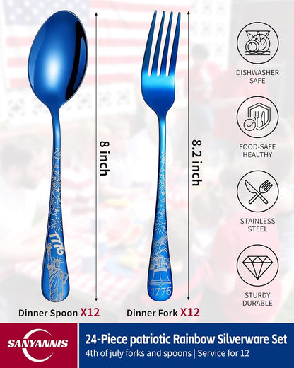 Patriotic Blue Flatware Set 24-Piece | Laser Engraved Bald Eagle & Statue of Liberty Stainless Steel Utensils
