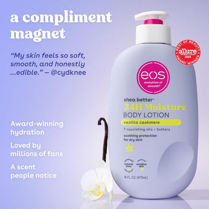 eos Shea Better Body Lotion – Vanilla Cashmere 24-Hour Moisture for Women | Natural Shea | 16 fl oz