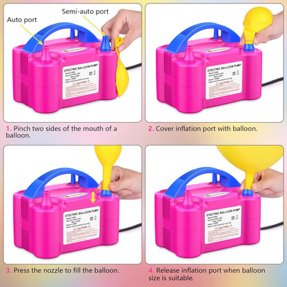 IDAODAN Electric Balloon Pump, Portable Electric Balloon Blower Machine Balloon Air Pump Dual Nozzle Rose Red 110V 600W Balloon Inflator for Party Decorations