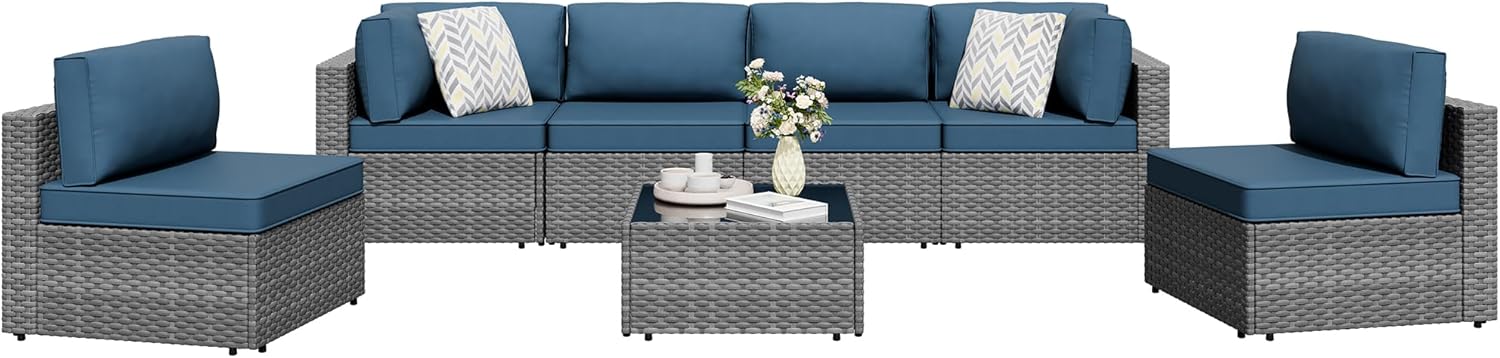 Shintenchi 7-piece outdoor patio furniture set with gray PE wicker modular sectional sofa and Aegean Blue washable cushions for backyard and deck