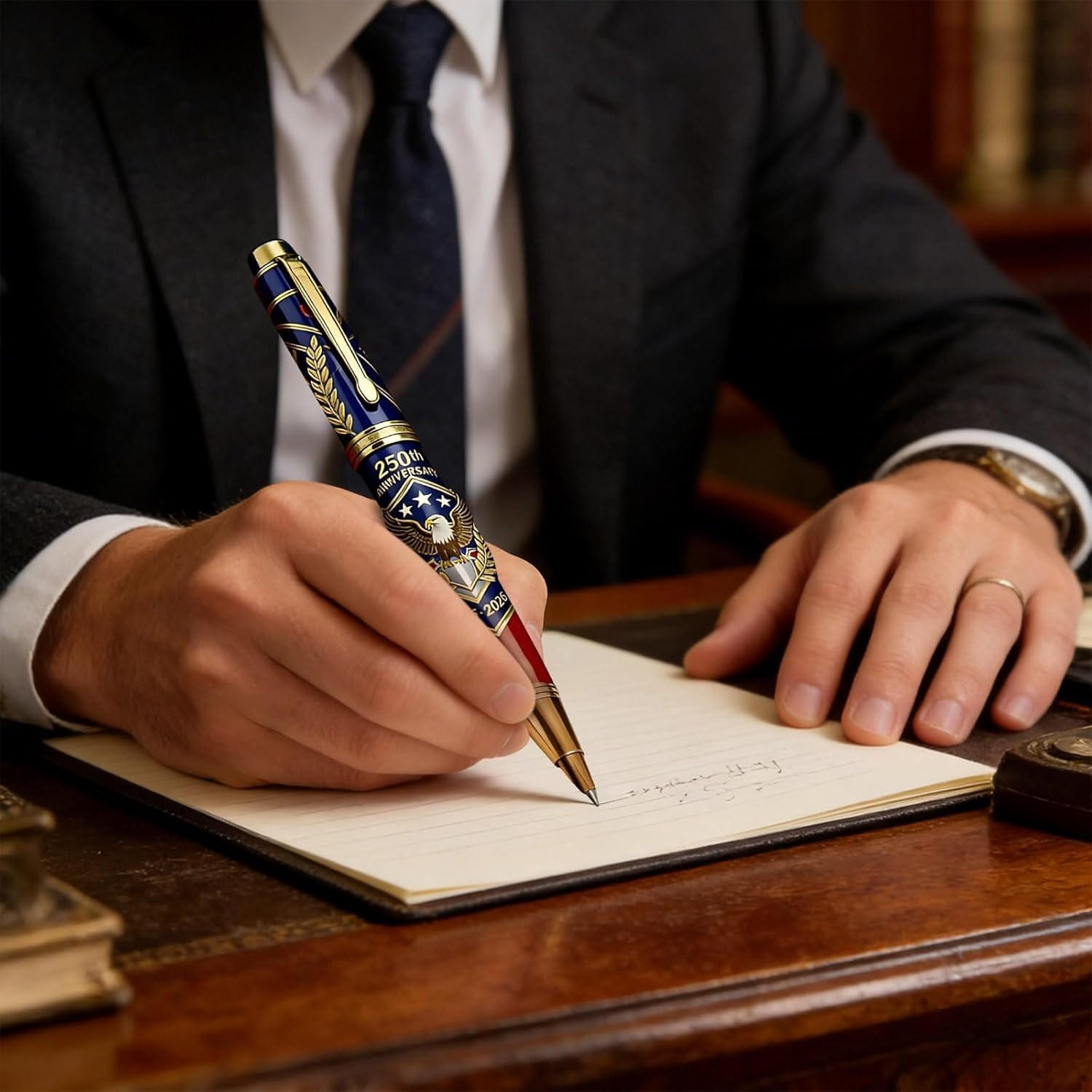 250th Anniversary commemorative ballpoint pen displayed in an elegant gift box as a patriotic collector's item for America's 250th Independence Day celebration