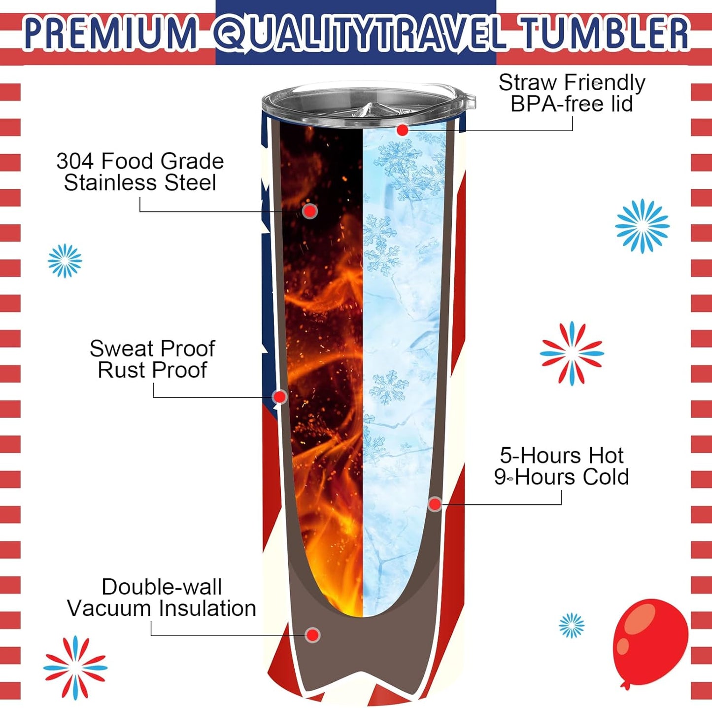 4 pack of 20oz American flag stainless steel insulated tumblers with lid straw and brush displayed as patriotic gifts for veterans and Father's Day