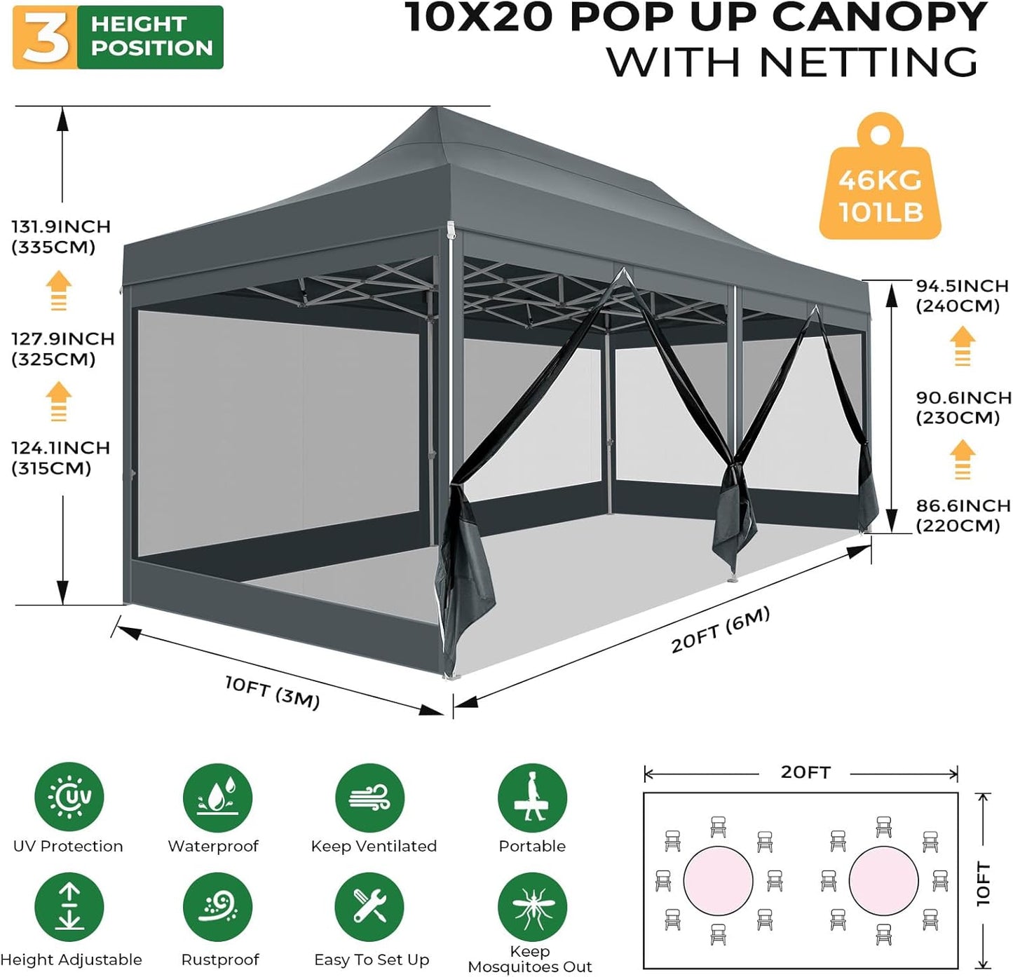COBIZI 10x20 heavy duty gray pop up canopy tent with 6 mosquito netting sidewalls set up in backyard for outdoor party