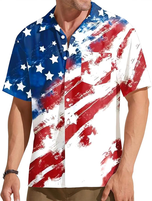 ELDPS men's American flag Hawaiian button down shirt in red white and blue patriotic design perfect for 4th of July and summer beach parties

