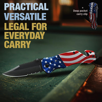 GOOD WORKER legal EDC folding pocket knife with serrated blade glass breaker and seat belt cutter with pocket clip