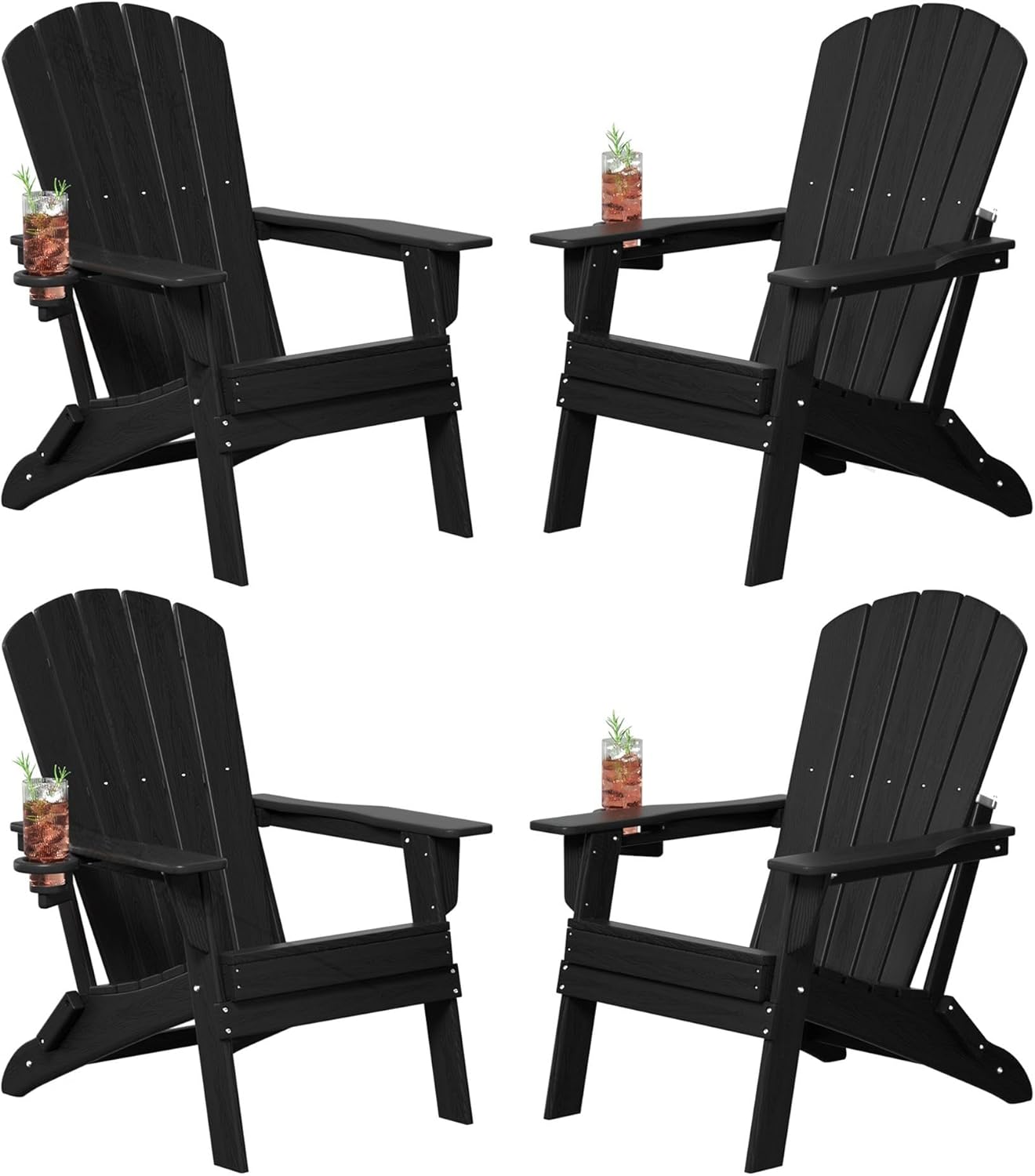 Plawdlik folding Adirondack chair set of 4 in black HDPE with wood texture finish and cup holders arranged on backyard patio